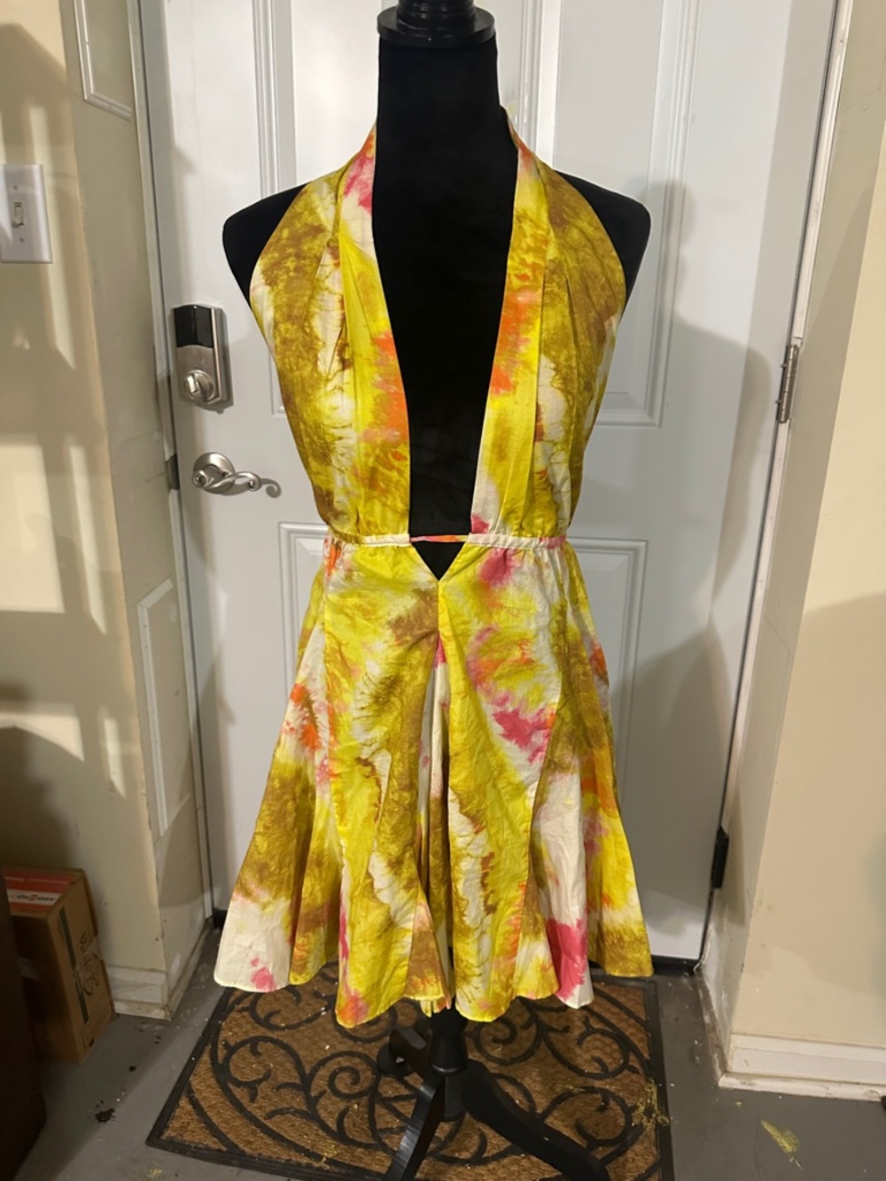 Zara Yellow Tie-Dye Backless Halter Dress with Pink Accents